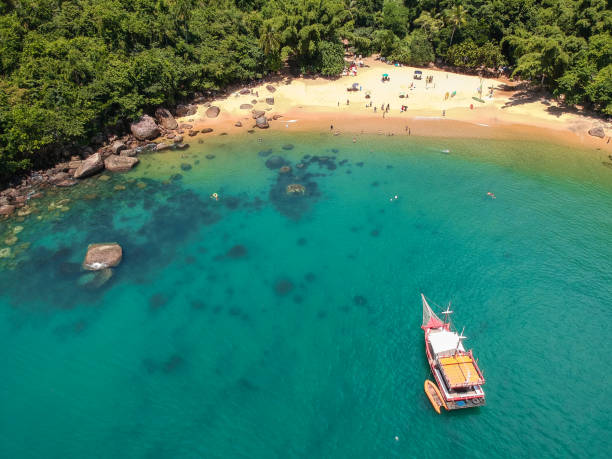Scenic drone shot view of an idyllic beach in Brazil stock photo