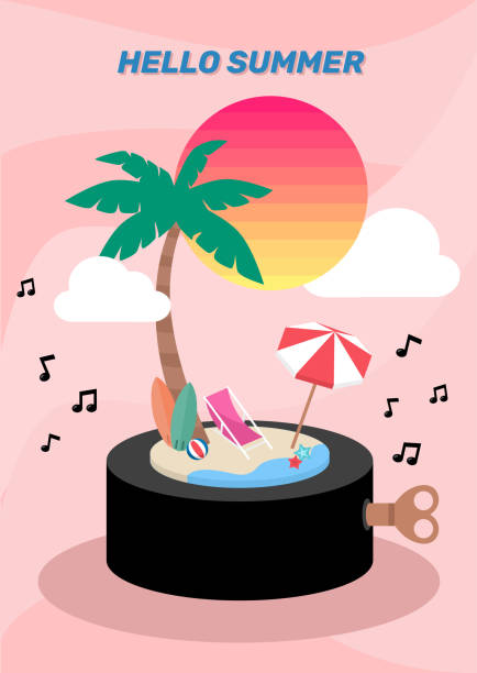 illustrations, cliparts, dessins animés et icônes de boîte de musique d'île d'été décorée avec le parapluie de nuage de soleil sur le fond rose pastel - music box