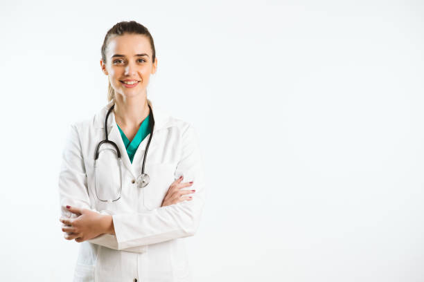 istock Female doctor on white background 1181648203