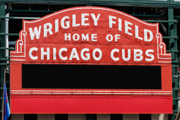 Wrigley Field Home of Chicago Cubs with copy space I Chicago - Circa June 2019: Wrigley Field Home of Chicago Cubs with copy space I major league baseball stock pictures, royalty-free photos & images