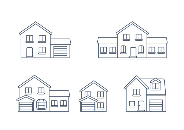 ilustraciones, imágenes clip art, dibujos animados e iconos de stock de vector de la casa / icono de contorno de inicio / construcción de casas de línea vectoriales. - bow building