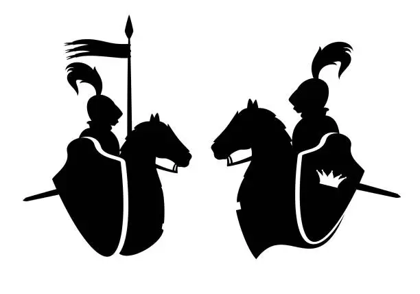 Vector illustration of horseback knight with royal shield and banner black vector silhouette