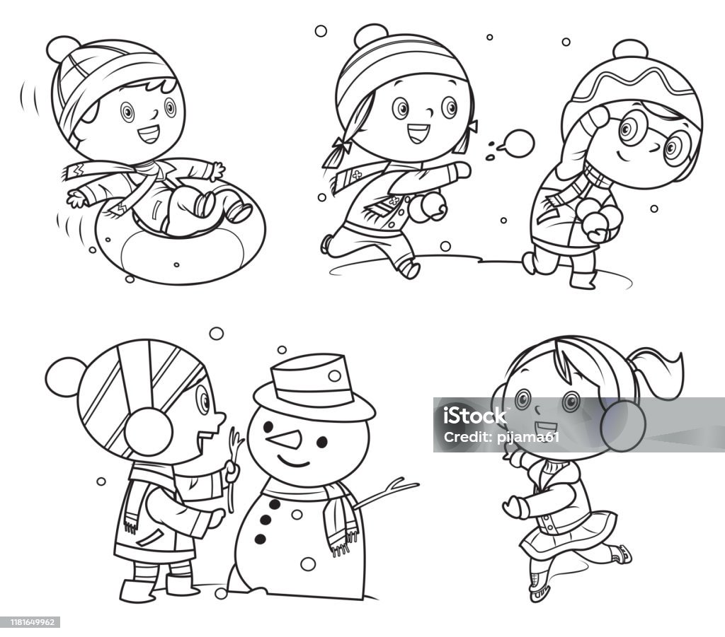 색칠 공부 겨울 게임에서 노는 행복한 아이들 색칠하기에 대한 스톡 벡터 아트 및 기타 이미지 - 색칠하기, 눈사람, 아이 - Istock
