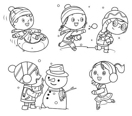 Coloring Book, Happy childrens playing in winter games