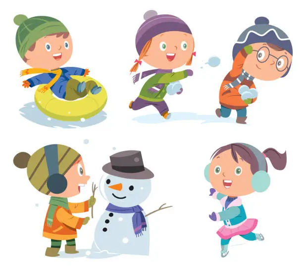 Vector illustration of Happy childrens playing in winter games