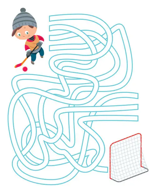 Vector illustration of Maze, boy playing ice hockey