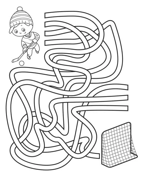 Vector illustration of Maze, Little boy playing ice hockey