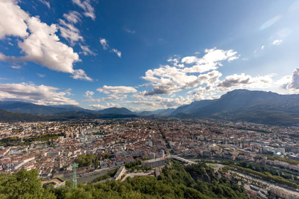 Grenoble, Isere, France - View to the city from the Bastille Fortress Grenoble, Isere, France - View to the city from the Bastille Fortress isere river stock pictures, royalty-free photos & images