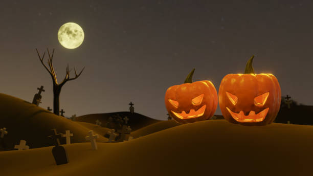 istock pumpkin Jack O Lanterns Ghost and a witch In the cemetery on Halloween for background or orther . 3D Rendering 1181652086