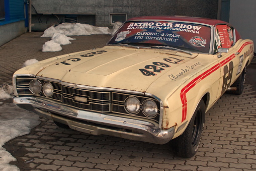 Saint Petersburg, Russia - February 16, 2019: Old Mercury Montego car used under the advertising of retro cars show.