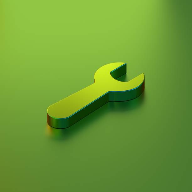Icon of green-yellow isometric wrench with red and green reflection on the glamour green background. 3D illustration of creative direction, tool, fix\