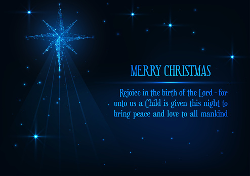 Merry Christmas greeting card with glowing low polygonal nativity Bethlehem star and religious phrase on dark blue background. Jesus birth Christian holiday concept. Modern design vector illustration.