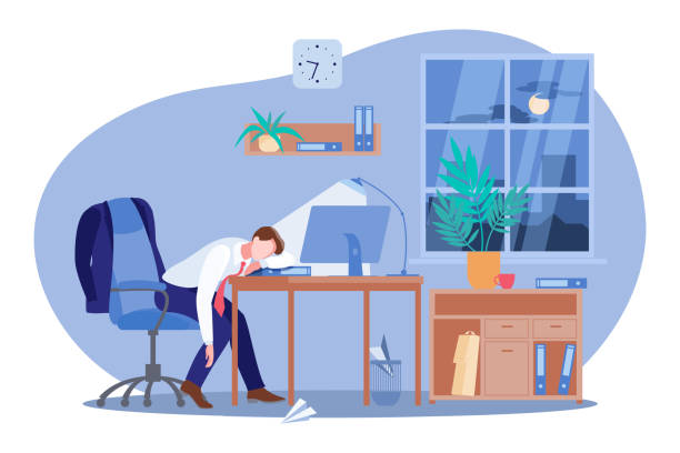 Tired Man Sleeping At The Desk In Office Vector Flat Cartoon Illustration  Workaholic Work Stress And Fatigue Concept Stock Illustration - Download  Image Now - iStock