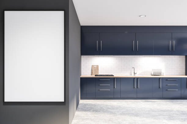 istock Gray stylish kitchen interior with poster 1181659257