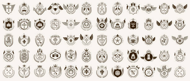 Heraldic Coat of Arms vector big set, vintage antique heraldic badges and awards collection, symbols in classic style design elements, family or business signs. Heraldic Coat of Arms vector big set, vintage antique heraldic badges and awards collection, symbols in classic style design elements, family or business signs. military family stock illustrations