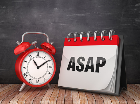 ASAP Calendar with Alarm Clock on Chalkboard Background - 3D Rendering