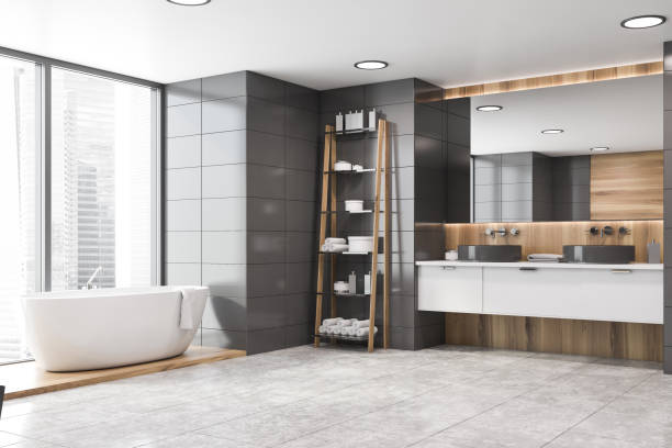 istock Gray tile and wooden bathroom corner 1181660718