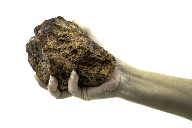 крупным планом рука держит камень изолированы на белом фоне - throwing stone human hand rock стоковые фото и изображения