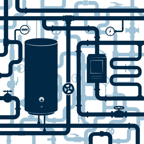 Water system with boiler and pipes System water supply piping plumbing repair pipe silhouettes stock illustrations