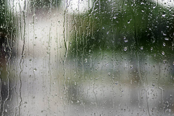 istock Rain drops on the window with green over background 1181664762