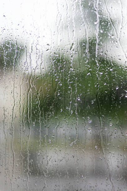 istock Rain drops on the window with green over background 1181664864