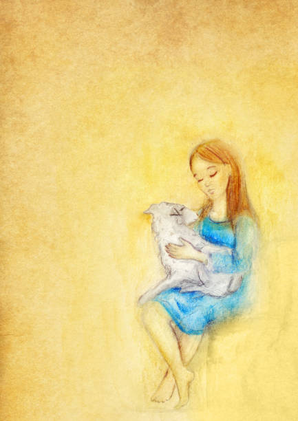 ilustrações, clipart, desenhos animados e ícones de jovem virgem maria com uma ovelha-quadro vintage - gloria maria