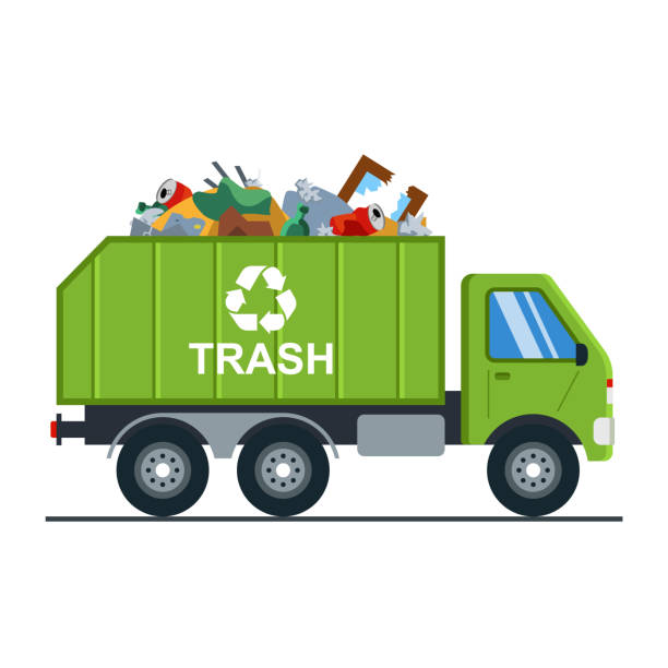 ilustraciones, imágenes clip art, dibujos animados e iconos de stock de camión de basura con basura va al vertedero - camion de basura