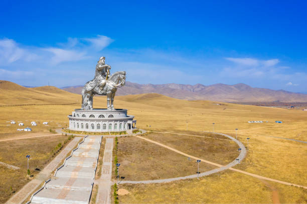 Aerial view of Genghis Khan Statue Complex near Tsonjin Boldog. mongolia Tov province, Mongolia - September 27.2019: the great Genghis Khan monument in Tov province of mongolia, along the way at the East Highway to Dadal, the birthplace of genghis khan named animal stock pictures, royalty-free photos & images