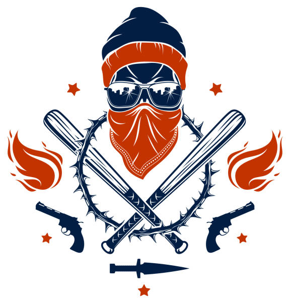 Brutal gangster emblem with aggressive skull baseball bats and other weapons and design elements, vector anarchy crime or terrorism retro style, ghetto revolutionary.