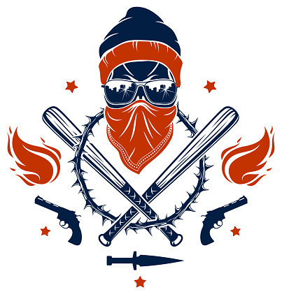 Brutal gangster emblem with aggressive skull baseball bats and other weapons and design elements, vector anarchy crime or terrorism retro style, ghetto revolutionary.