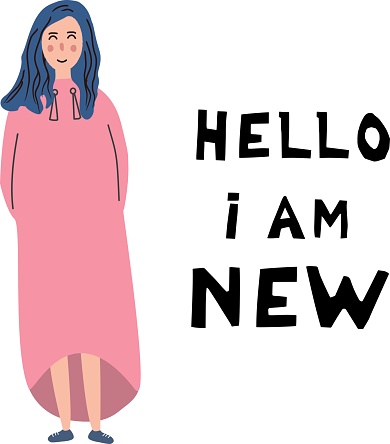 Hello I am new. Inscription. The concept of the new employee in collective at work. White woman, flat illustration