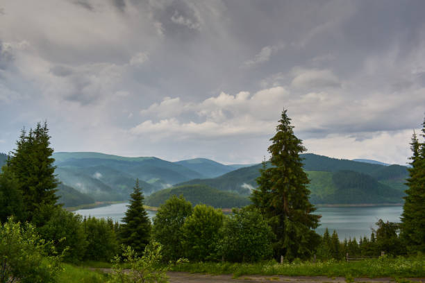 istock Lake Vidra in mountains rain day clouds forest 1181677027