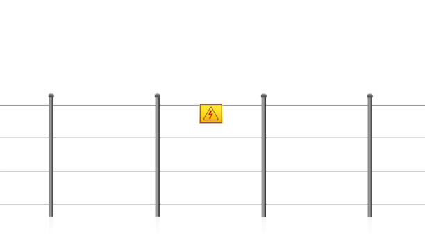 elektryczne ogrodzenie ze znakiem ostrzegawczym, ostrzeżenie o porażenia prądem elektrycznym. bezszwowa, wysuwany izolowany obraz wektorowy na białym tle. - enclose stock illustrations