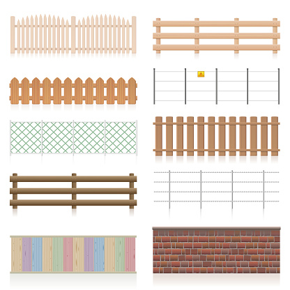Different fences like wooden, garden, electric, picket, pasture, wire fence, wall, barbwire and other railings. Isolated vector illustration on white background.