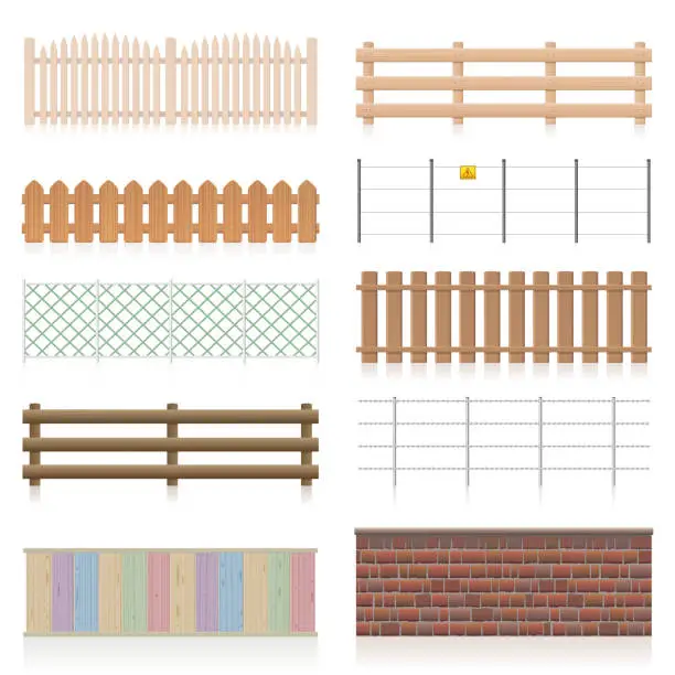 Vector illustration of Different fences like wooden, garden, electric, picket, pasture, wire fence, wall, barbwire and other railings. Isolated vector illustration on white background.