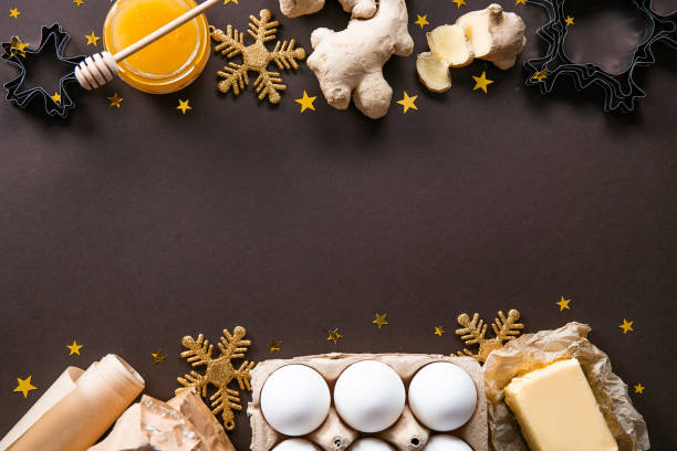 Textured background with christmas themed items in flat lay composition.