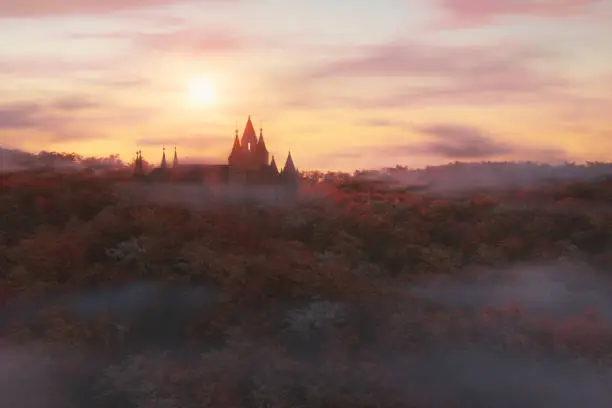 Photo of Old castle in the forest at sunset