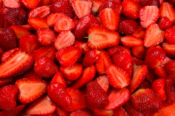 istock Strawberry slices. Fresh berries macro. Fruit background. Top view. 1181688838