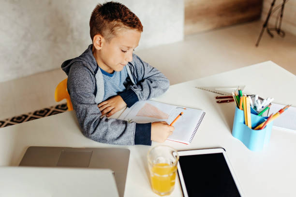istock Tired boy with book writing to notebook at home 1181689322