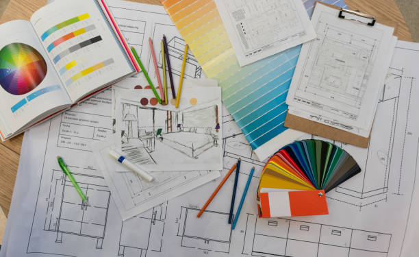 블루 프린트, 컬러 스와그, 연필 색상, 스케치, 계획 및 주택 개조를위한 문서 - interior designer 뉴스 사진 이미지
