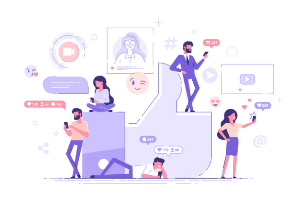 ilustrações de stock, clip art, desenhos animados e ícones de young people using their smartphones and mobile gadgets  for social networking and blogging with a huge like icon on a background. social media and marketing concept. modern vector illustration. - social media sharing marketing business