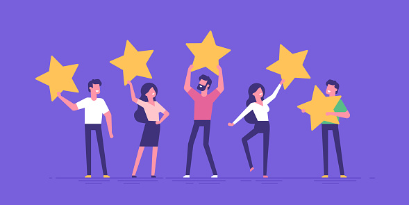 Happy people are holding review stars over their heads. Five stars rating. Customer review rating and client feedback concept. Modern vector illustration.