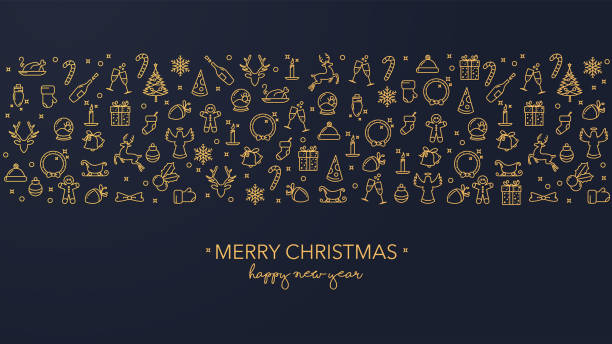ilustraciones, imágenes clip art, dibujos animados e iconos de stock de tarjeta de navidad azul oscuro con iconos dorados - elemento de diseño ilustraciones