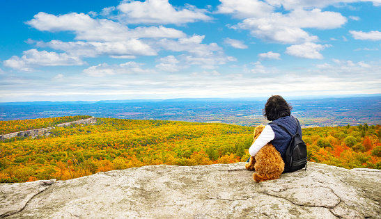 Senior asian woman sitting on the edge of a cliff with her dog and enjoying the fall foliage.