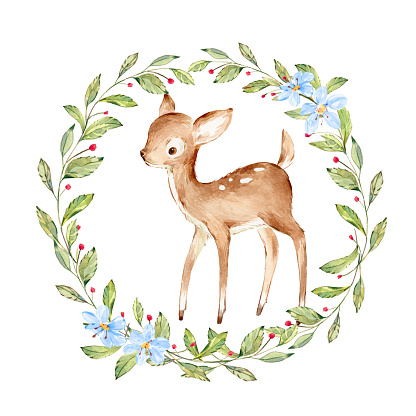 Cute Watercolor Baby Deer surrounded by wild forest plants wreath. Full Profile Baby Deer over white. Isolated. Nursery print of Forest Animals for baby girl or boy