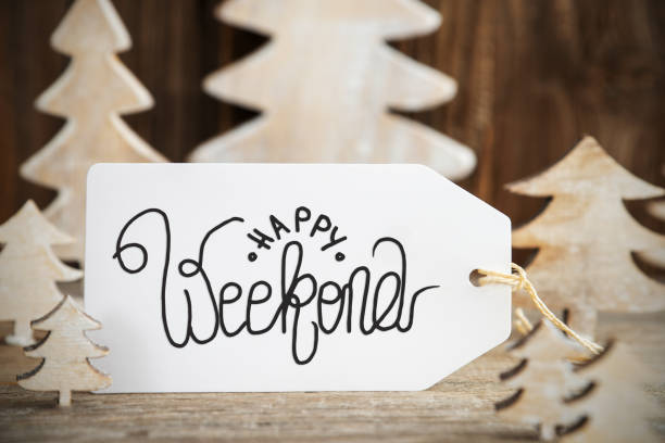 istock Christmas Tree, Label With English Calligraphy Happy Weekend 1181695601