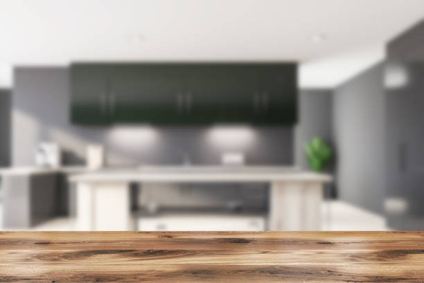 istock Blurred gray and green luxury kitchen interior 1181696845