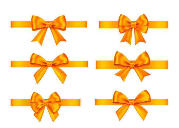 Orange  gift bows set  for  Christmas, New Year decoration. Orange  gift  bows set  isolated on white background. Christmas, New Year, birthday  decoration. Vector realistic decor element  for banner, greeting card, poster. bowing stock illustrations