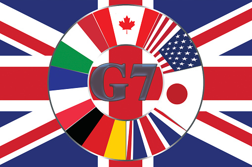 Flags included in the big seven in a circle on the background of the flag of Great Britain.