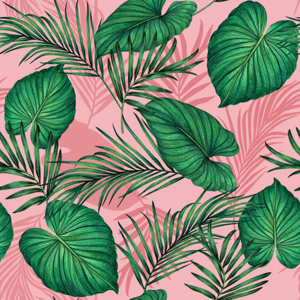 istock Watercolor painting green,coconut leaves seamless pattern with shadow on pink background.Watercolor llustration palm,pink leaf,tree tropical exotic leaf for wallpaper textile vintage Hawaii style. 1181700074
